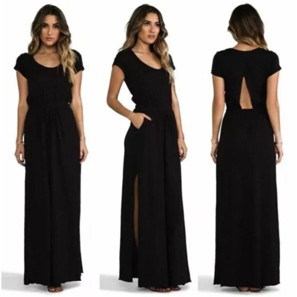 FP Beach Black Audrina Maxi Dress LARGE Back Cut Out Pockets Terry Scoop Neck  *